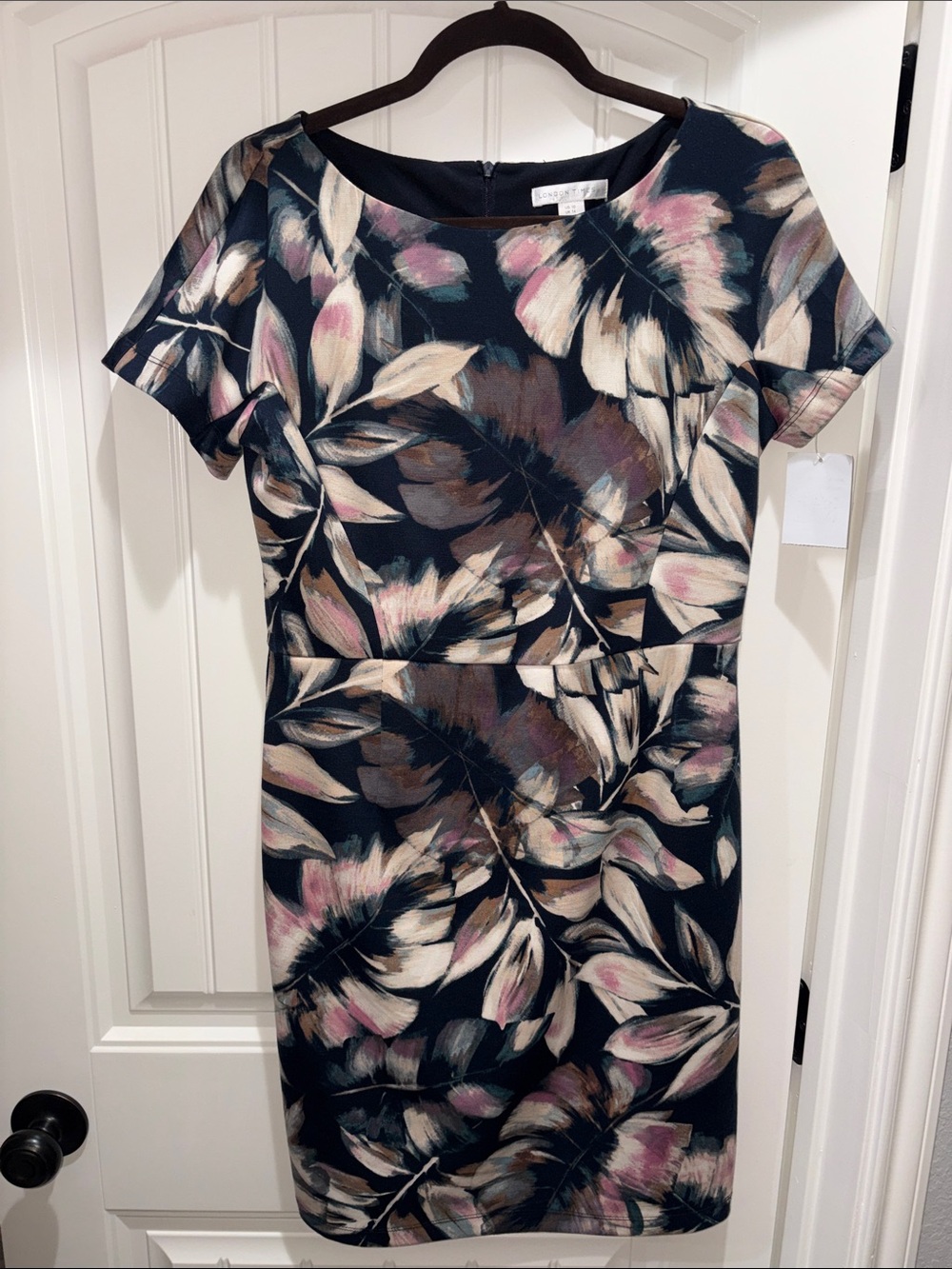 London Times Navy Floral Midi Dress with Pink & Cream Leaves